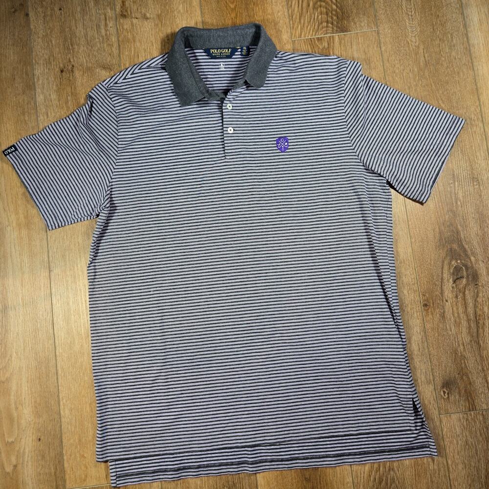 Polo Golf Ralph Lauren Polo Shirt Mens 2XL Gray Purple Stripe Crest Preppy Golf